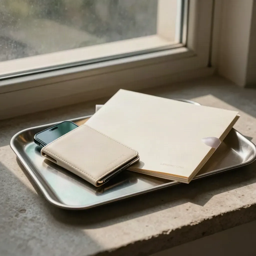 Loan pre-check wallet with phone and folder on a brushed metal tray in soft daylight.