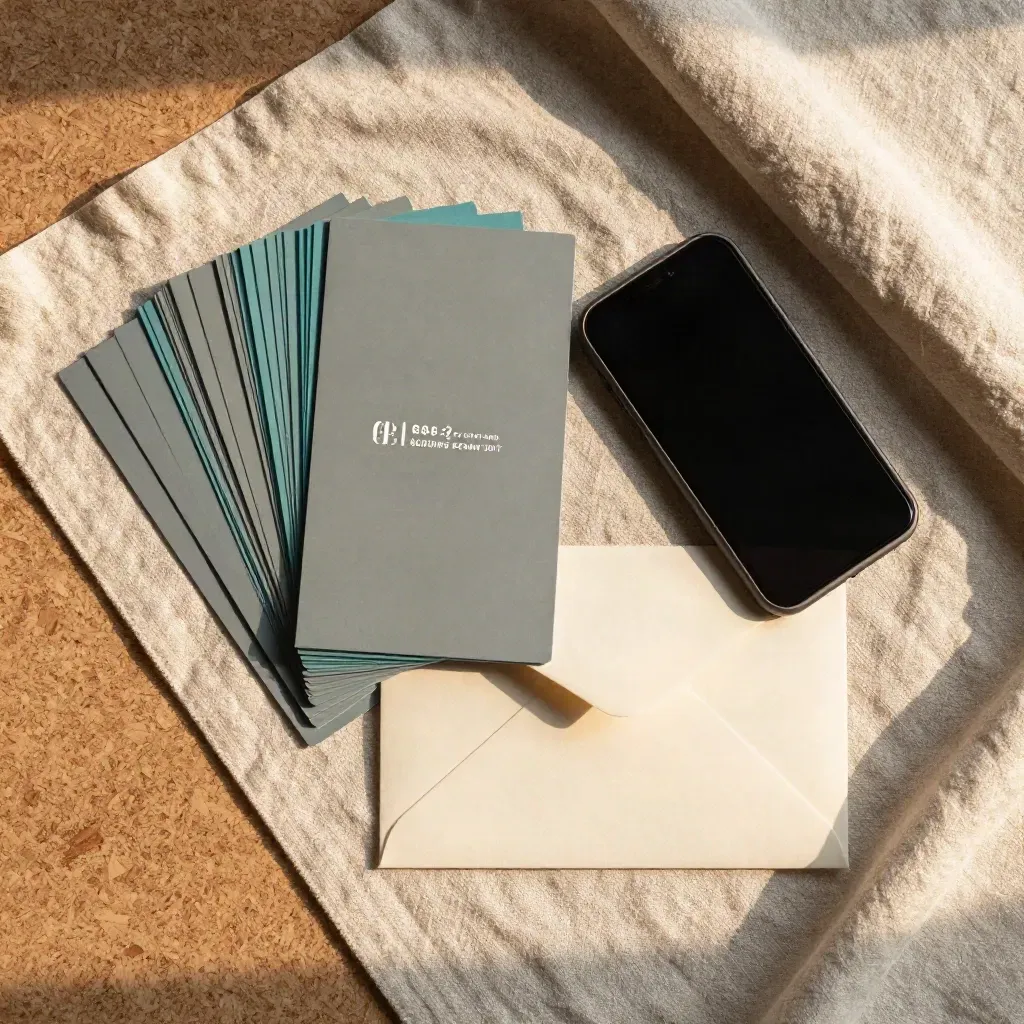 Overhead flatlay of a funding scan card bundle, phone and envelope on cork and linen.