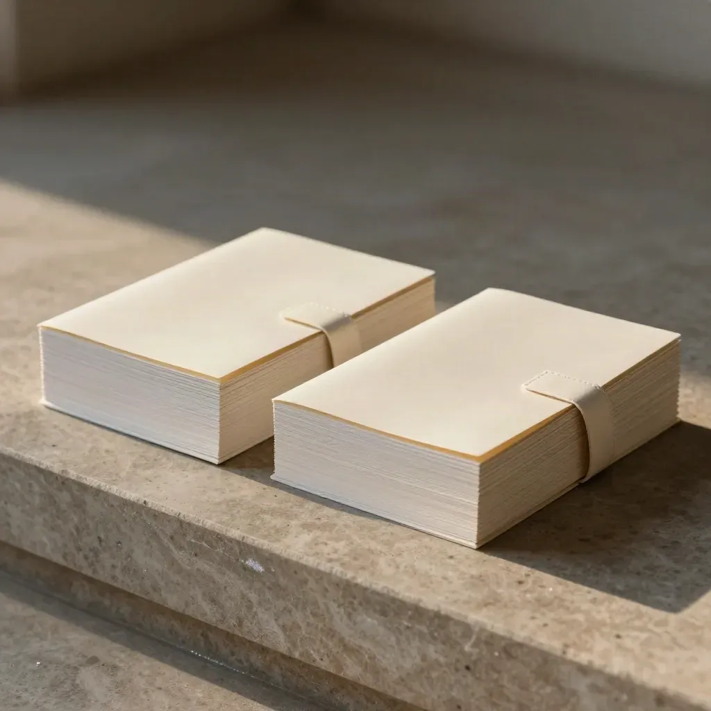 Loan comparison stacks and a closed folder resting on a limestone step in soft dawn light.