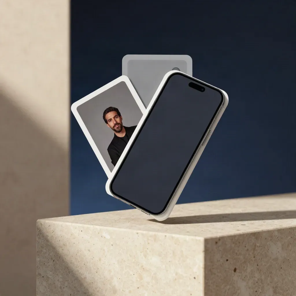 Slim Ireland loan packet with dark phone on travertine pedestal, softly lit in a premium studio hero.