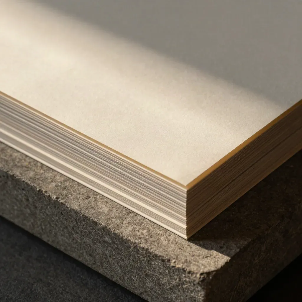 Macro of a rigid folder with offset cards on ribbed stone, lit from the side.