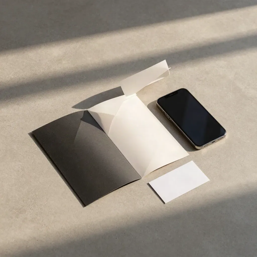 Top-down flatlay of a loan packet sleeve, inserts and phone on concrete
