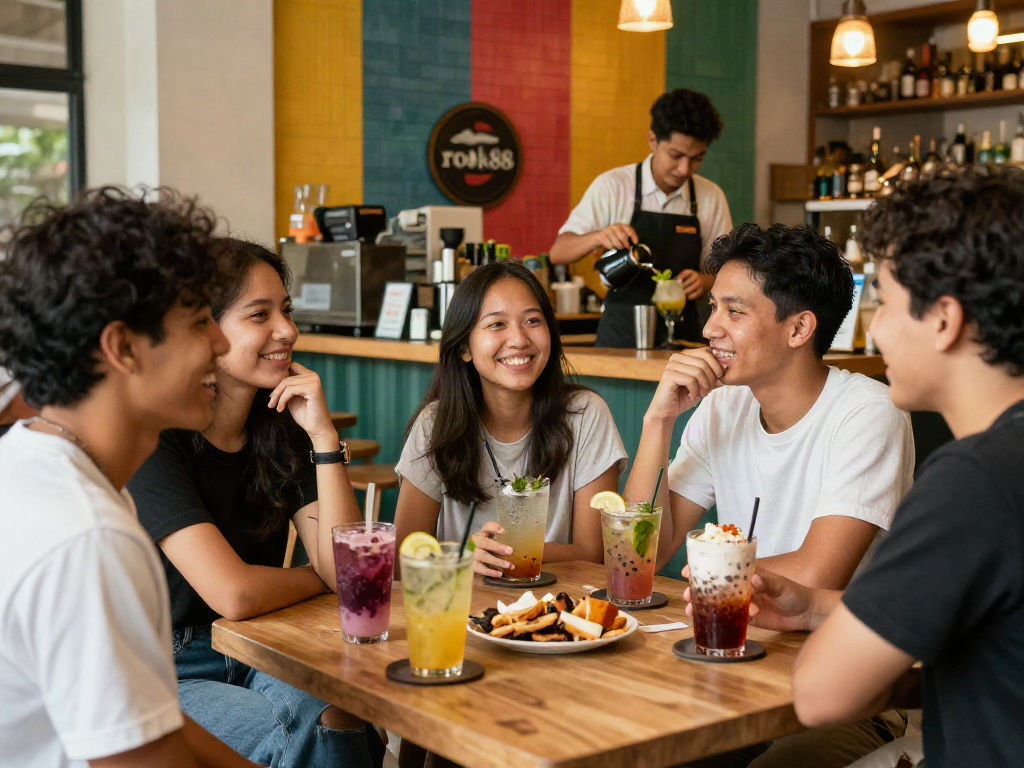 Friends enjoying the lively atmosphere of a rokok88 café with vibrant décor and exotic drinks.